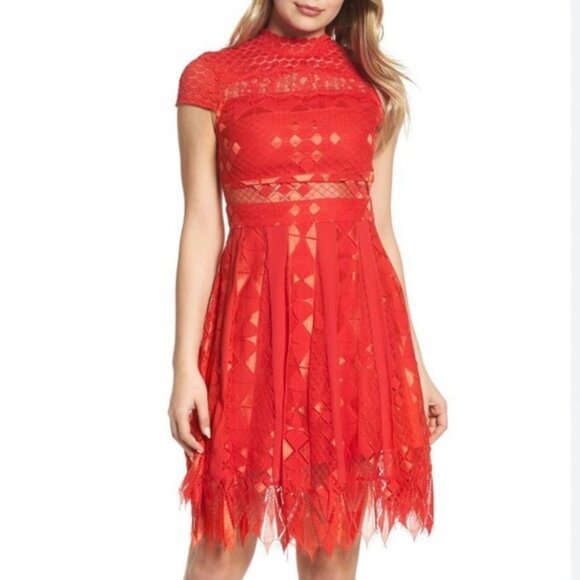 Red Lace Fit & Flare Dress - Picture 2 of 5